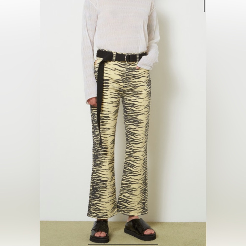Ganni Zebra Print Denim High Waist Bootcut Jeans